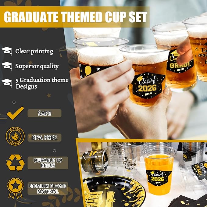 GuassLee Black and Gold Graduation Decorations 2026 Party Cups - 50pcs 12 Oz Black Gold Disposable Graduation Plastic Cups for Drinks Class of 2026 Grad Party Supplies