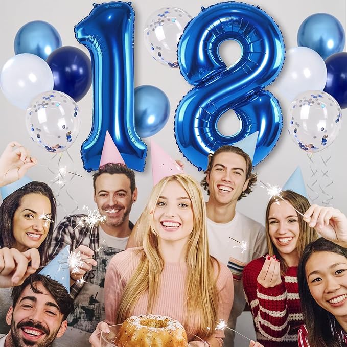 Navy Blue 18 Balloons, 40 Inch Dark Blue Foil Number 18 Balloon Set, XXL Self Inflating 18 Helium Balloon with Metallic Blue Silver Confetti Balloon for Men 18th Birthday Anniversary Party Decorations