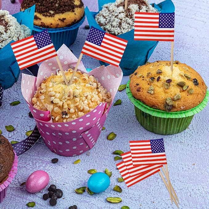 BLUE TOP 100 Pcs USA American Flag Toothpick Flags,Small Toothpick Mini Stick Cupcake Toppers Olympic Games Celebration Party Decoration Celebration Cocktail picks for Party Bar Sport events.
