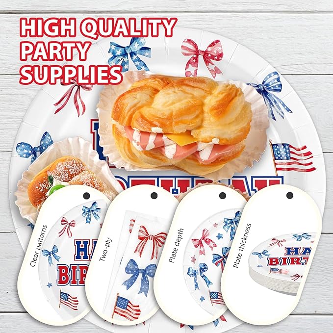 96Pcs Red White and Blue Birthday Decorations Patriotic Plates and Napkins Disposable Blue and Red Bows Decor Paper Tableware for Girls Happy Birthday Presidents Day Party Supplies Serves 24