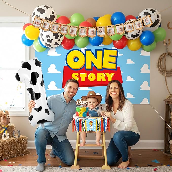 One Story Birthday Decorations for Boys - My First Rodeo Theme Party Favor for Baby Shower Decoration Include Birthday Hat Cake Topper Backdrop Tablecloth Photo Banner Arch Balloon Boxes Poster