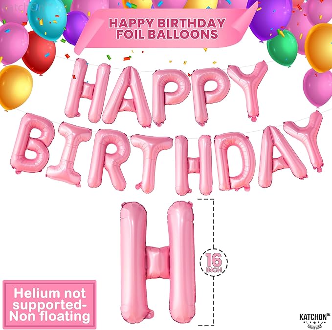 KatchOn, Pink Happy Birthday Balloons Banner - 16 Inch | Happy Birthday Sign | Pink Birthday Decorations | Birthday Balloons Letters | Banner for Happy Bday Decorations