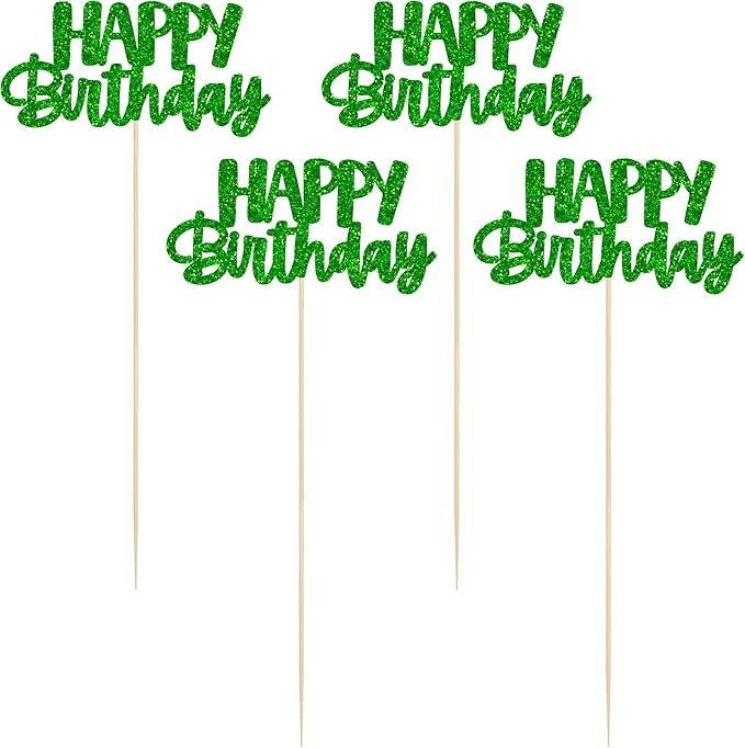 Gyufise 12Pcs Happy Birthday Centerpieces Sticks Double Sided Glitter Birthday Party Decorations Anniversary Table Flower Centerpiece for Celebrating Party Supplies Green