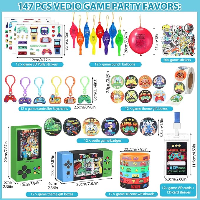 147 Pcs Video Game Party Favors for Kids Gamer Goodie Bag Stuffers Gaming Birthday Party Supplies with Gift Boxes, VIP Pass, Balloons, Bracelets, Keychains, Badges, 3D Stickers (Colorful)