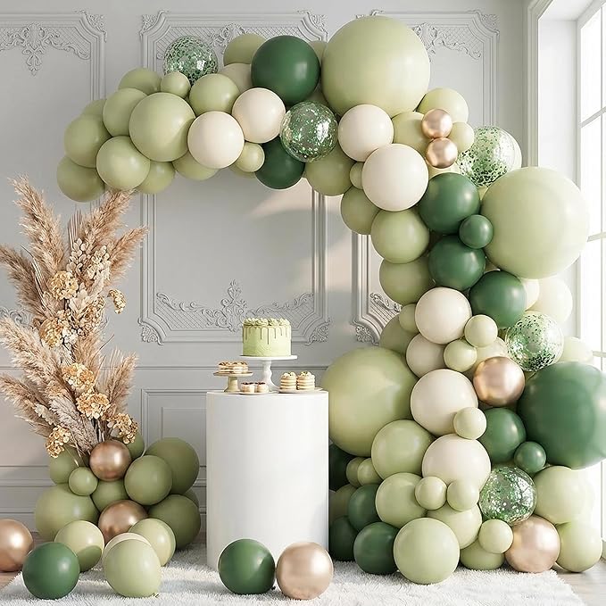 RUBFAC Dusty Green Balloons 129pcs Different Sizes Pack of 18 12 10 5 Inch, Latex Boho Sage Green Balloon Garland Arch Kit for Wedding Dinosaur Jungle Safari Birthday Party Decorations