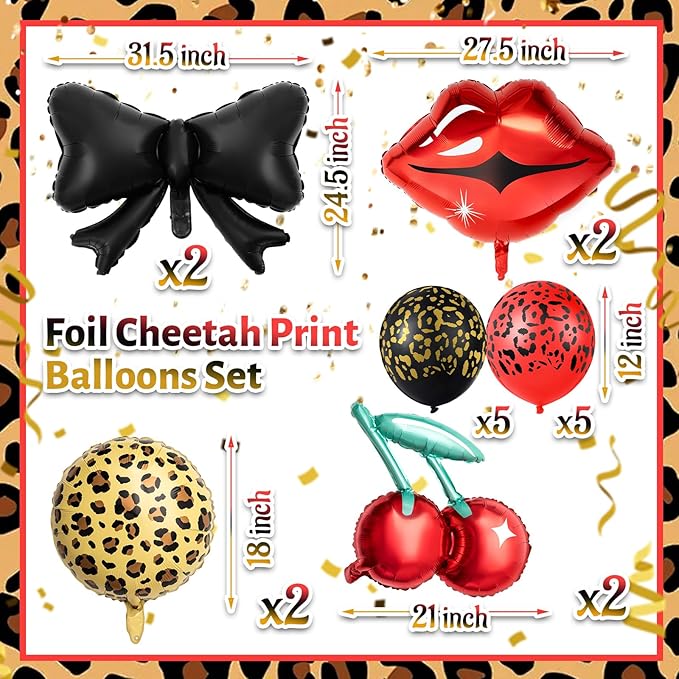 Realspring 18 Pcs Red and Black Party Decorations Kit 12 Leopard Cheetah Print Birthday Balloons Cherry Cheetah Red Lips Black Bow Foil Balloons for Kiss the Miss Goodbye Baby Shower Retro Party