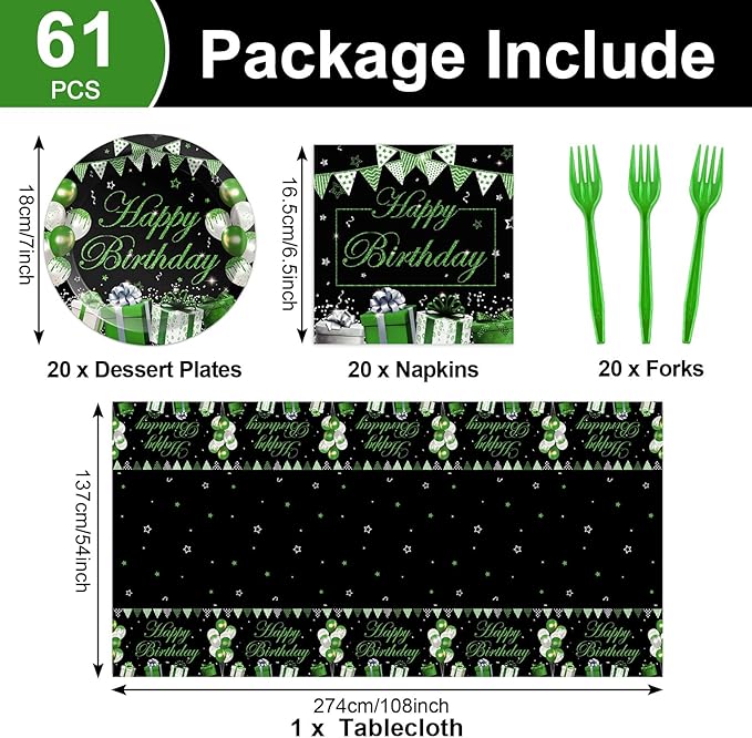 61 Pcs Green Silver Black Birthday Decorations Green Themed Party Tableware Set Confetti Sprinkles Decor Includes Plates Napkins Tablecloth for Men Women Dinner Gathering Supplies Serves 20 Guests