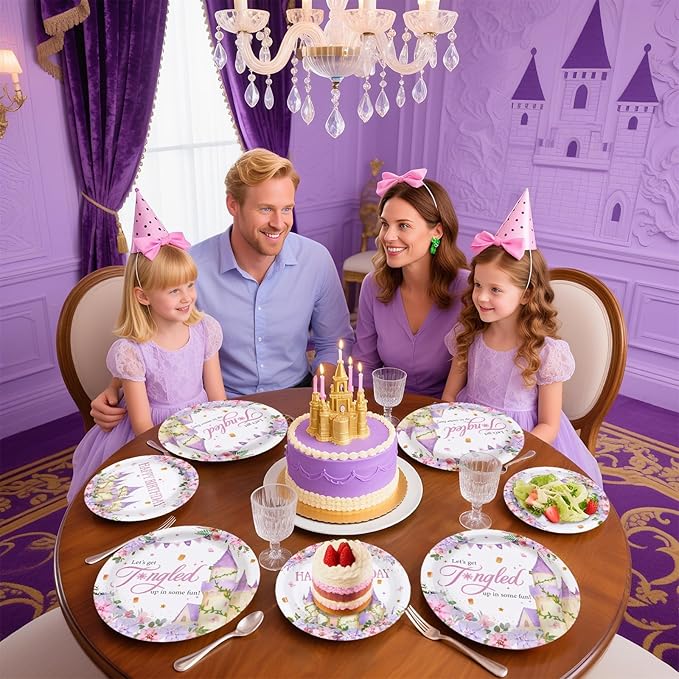 96Pcs Princess Birthday Party Supplies Purple Tower Castle Party Plates and Napkins Disposable Purple Princess Themed Tableware Set for Birthday Baby Shower Wedding Decorations, Serves 24
