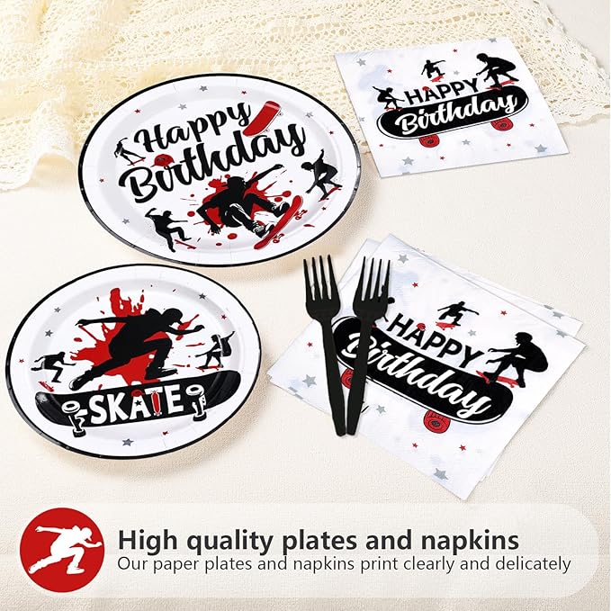 96 Pcs Skateboard Birthday Party Supplies Skate Plates and Napkins Disposable Skateboard Sports Theme Tableware Set for Skater Birthday Baby Shower Party Decorations Serves 24