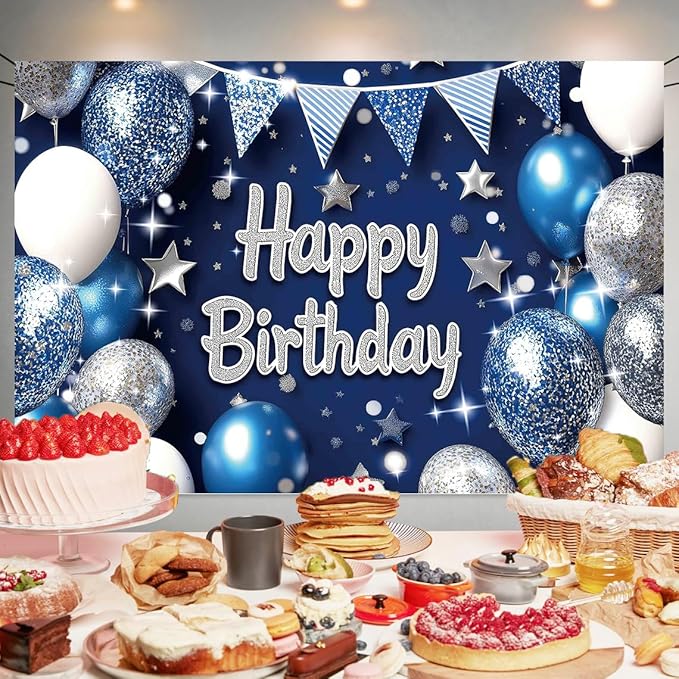 Blue Silver Birthday Party Backdrop Blue Silver Balloon Star Happy Birthday Banner Photography Background for Men Home Decorations Party Supplies 70.8 x 47.2 Inch