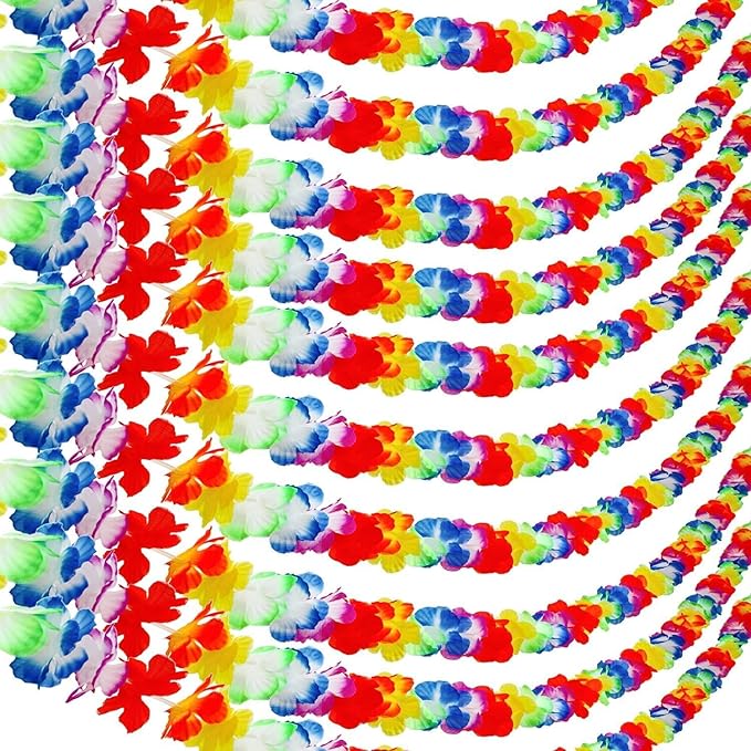 Aneco 10 Pack Hawaiian Tropical Jumbo Multicolored Luau Hibiscus Flower Lei Garland for Hawaiian Party Supplies Decorations,10 Feet Each
