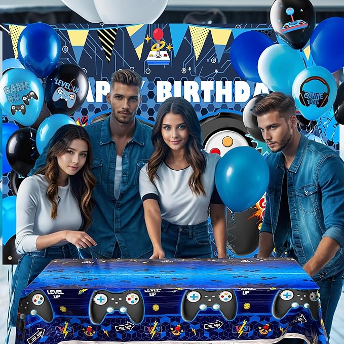 15 PCS Complete Video Game Party Decoration Set 1 Backdrop 1 Tablecloth 13 Latex Balloons and More Perfect for Gamer Party Supplies Boys and Girls Birthday Celebration
