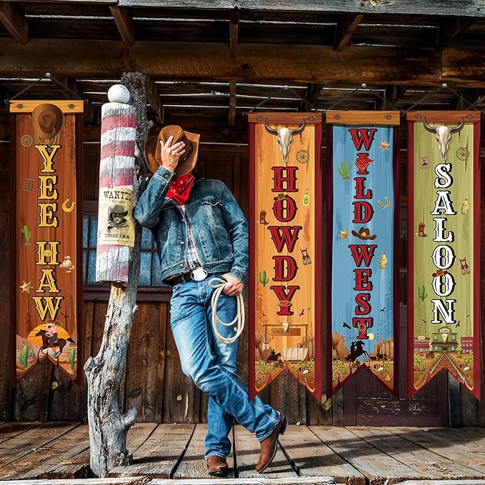 4 Western Party Decorations Cowboy Banners Wild West Hanging Decor Howdy Yes Haw Porch Sign Backdrops for Indoor Outdoor Cowboy Birthday Photo Props Wedding Party Supplies (Wild)