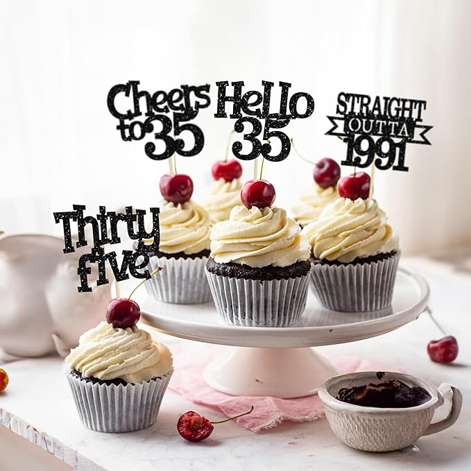 Ephlyn 24Pcs Happy 35th Birthday Cupcake Toppers Black Thirty Five Cupcake Picks Hello 35 Cheers to 35 Years Birthday Cake Decorations for 35th Birthday Anniversary Party Decor Supplies