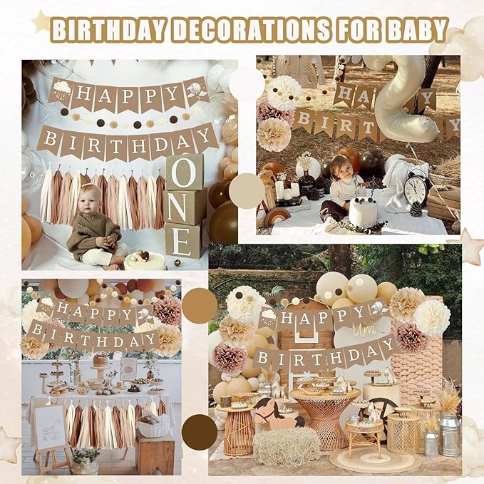 Birthday Decorations for Girls Boys, Brown Happy Birthday Banner with Felt Ball Garland Paper Pompoms Tassel Garland, Beige Cream Neutral Boho Birthday Party Balloons for Women Men Baby Shower