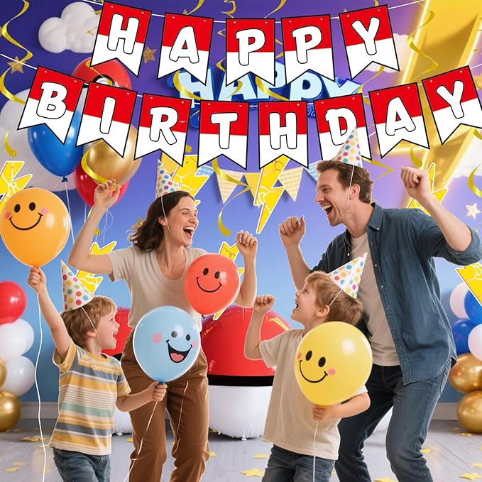 Cartoon Birthday Banner 8pcs Lightning Hanging Swirls Party Decorations, Flash Weather Streamers Gold Lightning Hanging, Kids Yellow Red White Birthday Party Decor for Kids Party Supplies