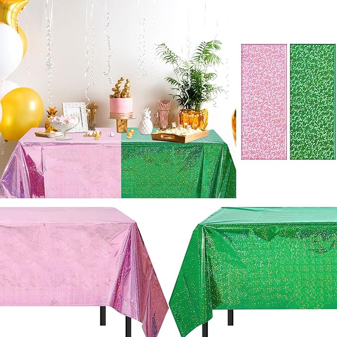 4 Pcs Witch Holographic Tablecloth for Birthday Party Pink and Green 54" x 108"Witch and Princess Theme Movie Decoration Shimmer Iridescent Metallic Plastic Glitter Laser Rectangular Table Cover