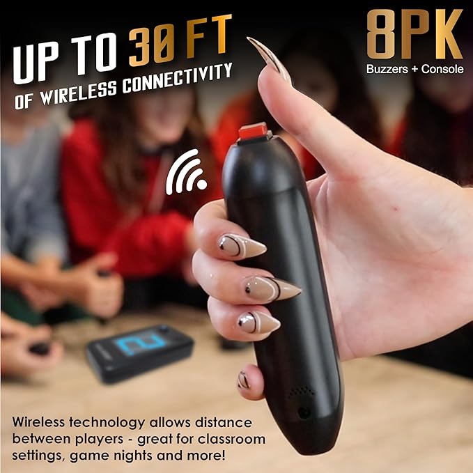 Digital Energy Wireless Handheld Game Buzzer System - Console Displays First Buzz-in - Great for Jeopardy, Family Feud, Trivia and Buzz Games - 8 Joystick Buzzers