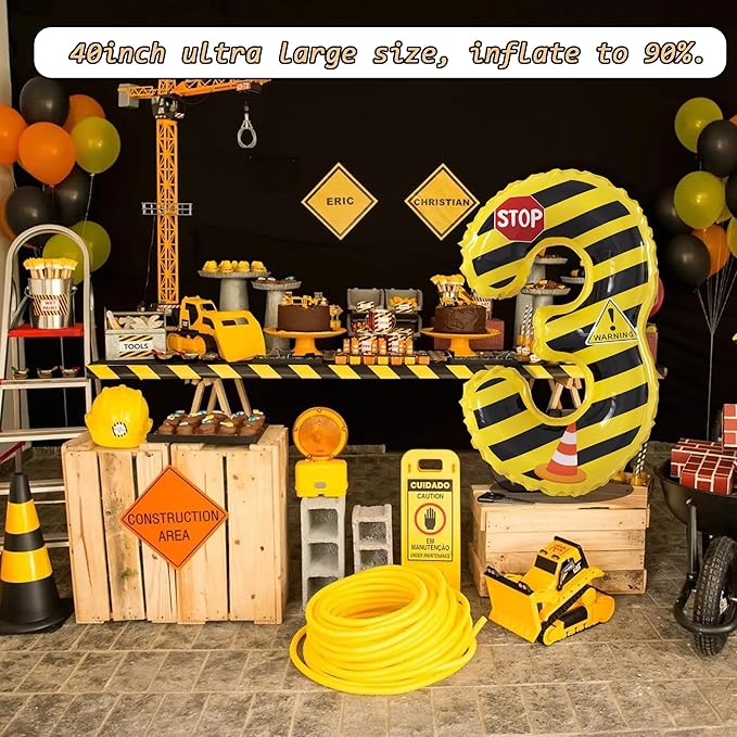 40 Inch Giant Construction Theme Number Balloons - Large Number 3 Balloons Yellow and Black Striped for Kids' Construction Birthday Anniversary Party Decorations Supplies Number 2-4 Balloon
