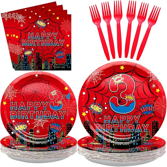 Red Spider 3rd Birthday Party Supplies, Spider Web Birthday Plates Set Include Paper Plates, Napkins, Forks for Spider Themed Party Favors
