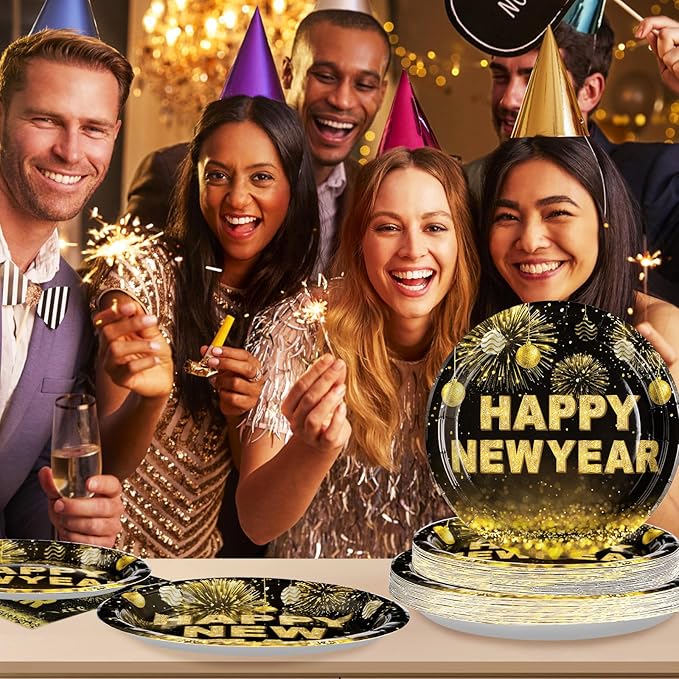 Grencian 96 PCS New Years Eve Party Supplies 350 GSM Black and Gold Happy New Year Tableware Set 2025 Disposable New Years Eve Paper Plates and Napkins for 2025 New Year Party Decorations Serves 24