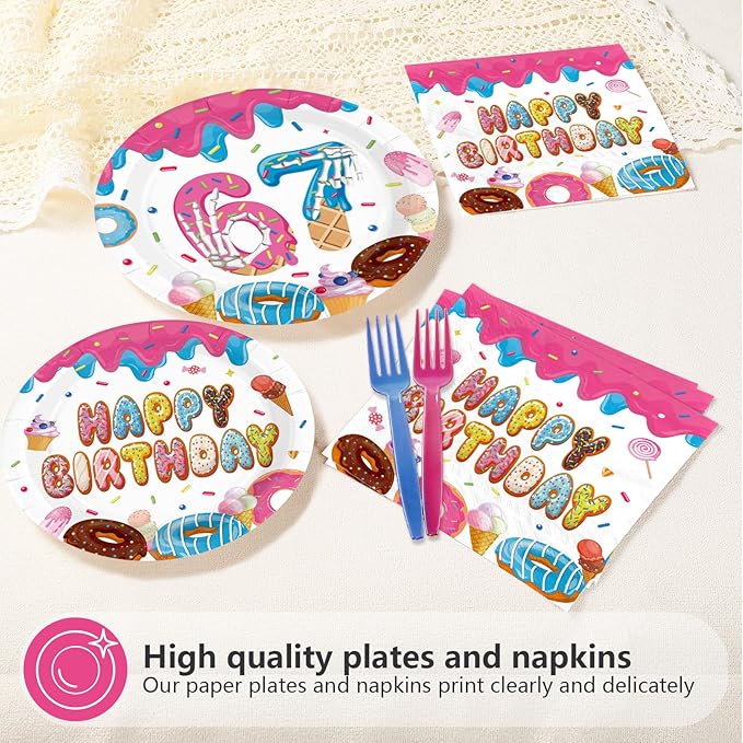96Pcs Donut 6 7 Birthday Decorations 6/7 Birthday Plates and Napkins 67 Themed I was 6 Now I'm 7 Disposable Paper Tableware Set for Kids Boys Girls 6-7 Year Old Party Supplies Serves 24