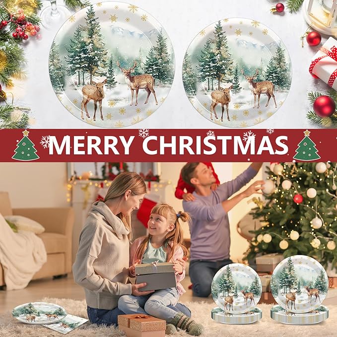 CHUNNIN 96Pcs Christmas Reindeer Paper Plates and Napkins Watercolor Deer Snow Pine Trees Snowflakes Party Decorations Winter Woodland Disposable Tableware for Xmas Holiday Birthday Party Supplies