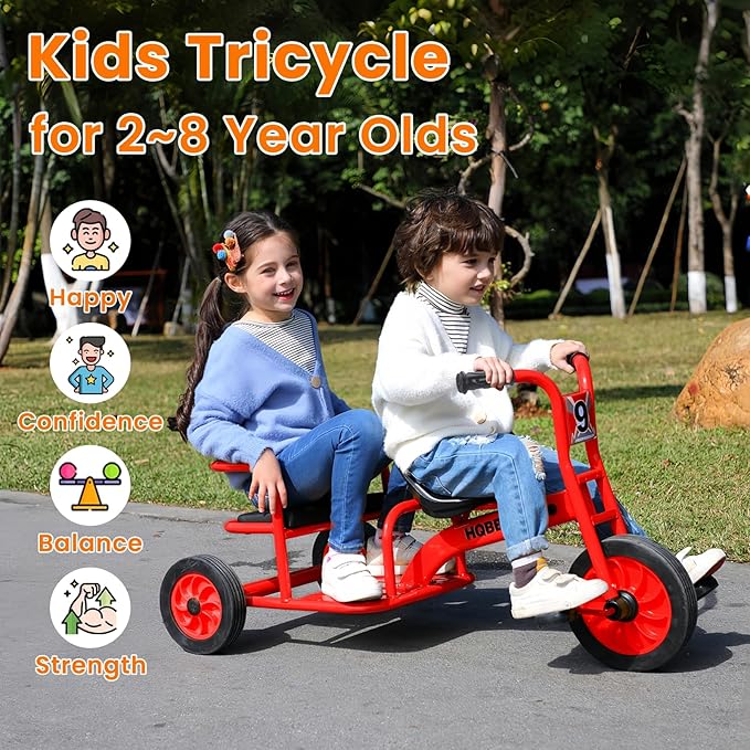 Kids Tricycle for Ages 2-8, Kids Trike Bike, Preschool Daycare Tandem Tricycle with Adjustable Seat, Airless Rubber Tires and Rear Padded Seat, Gift for Boys and Girls
