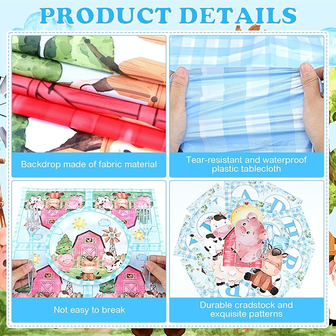Blue Farm Animals Birthday Party Supplies for Boys Tableware Set Decorations Includes Backdrop Balloons Plates Napkins Forks Banner Honeycomb Centerpieces Tractor Baby Shower Decor