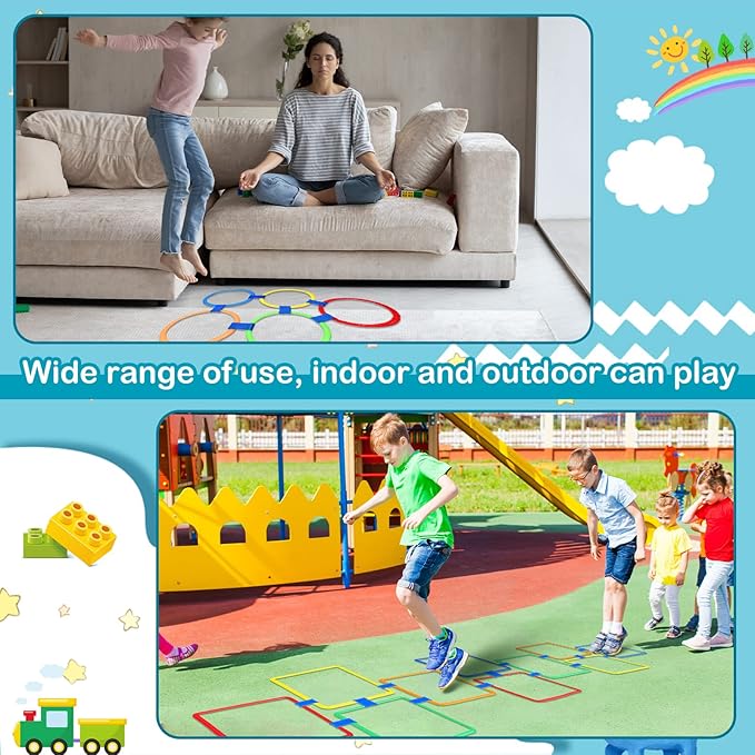 Woanger 2 Sets of Hopscotch Outdoor Squares 20 Pcs Hopscotch Ring Game with 30 Pcs Connectors Outdoor Indoor Obstacle Course for Kids Playground Agility Training(Hoop, Square,11 Inch, 15 Inch)