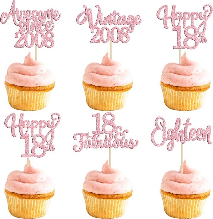Ephlyn 30Pcs Vintage 2008 Cupcake Toppers Glitter Eighteen Happy 18th Birthday 18 Fabulous Cupcake Picks Cheers to 18 Years for 18th Birthday Wedding Anniversary Party Cake Decorations Supplies Pink