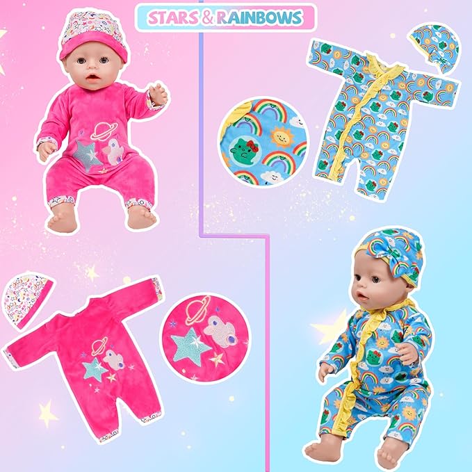 6 Sets 14-16 Inch Baby Doll Clothes, New Born Doll Outfits with Rompers & Accessories for 16-inch Soft Body Dolls ( No Doll)