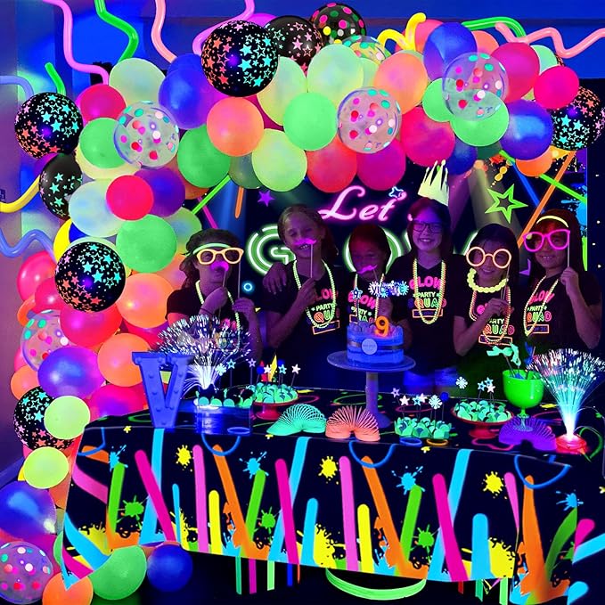 161Pcs Neon Party Decorations Glow in the Dark Birthday Supplies Neon Balloon Arch Kit & Backdrop Tablecloth UV Blacklight Luminous Glow Balloons Kids Teen Adult Rainbow 80s 90s Disco Party Decor
