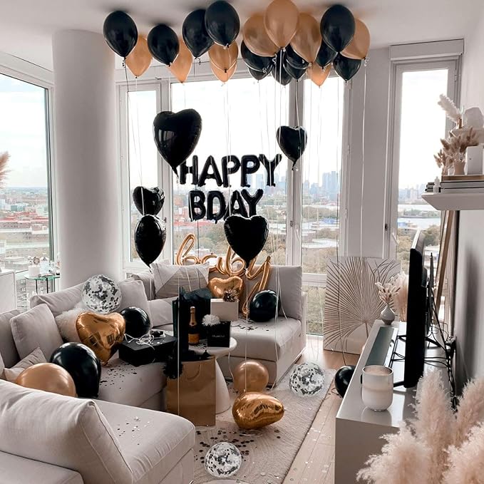 27 Pcs Black Birthday Decorations, 3D Foil Black Happy Birthday Balloon Banner, Pentagram Heart Foil Balloons Confetti Balloons Kit For Boys Girls Birthday Party Supplies