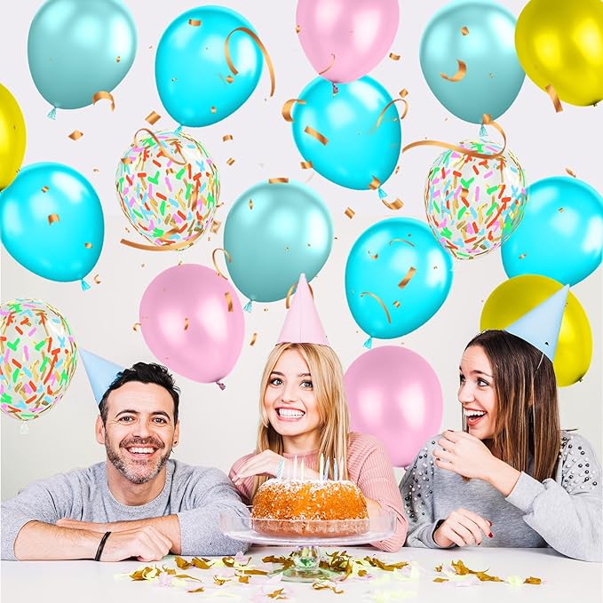 Donut Balloons, Pink Yellow Teal Balloons Pastel Pink Teal Sprinkles Confetti Balloons for Donut Theme Party Cutouts Birthday Party Balloons Arch Photo Props Favor Ideas Supplies