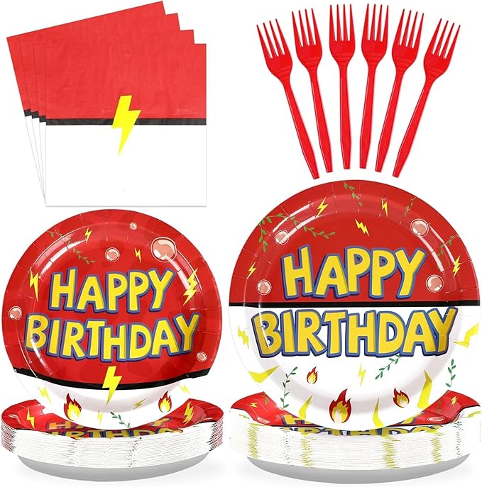 Grencian 200Pcs Happy Birthday Party Supplies Cartoon Anime Paper Plates and Napkins Tableware Sets Red and White Yellow Lightning Decoration for Birthday Cartoon Fun Kids Children Party Serves 50