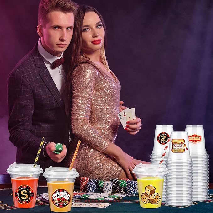 Boao 36 Sets Casino Party Cups with Lids and Paper Straws 14 oz Poker Birthday Party Supplies Favors Decorations Disposable Clear Plastic Cups for Casino Theme Birthday Wedding Decorations