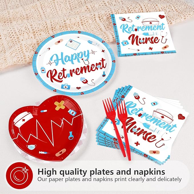 96Pcs Nurse Retirement Party Decorations Red and Blue Happy Retirement Plates and Napkins RN Theme Tableware Set for Retired Medical Staff Doctor Party Supplies Serves 24