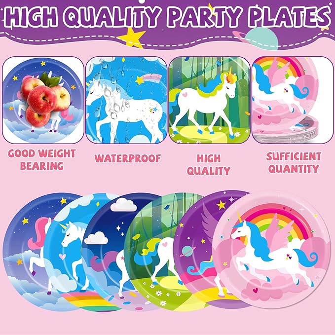 48Pcs Unicorn Birthday Party Supplies Unicorn Themed Paper Plates 7 Inch Tableware Colorful Rainbow Magical Horse Dessert Plates Party Decorations for Unicorns Parties Favors