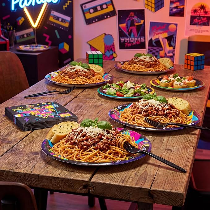 Haooryx 1986 40th Birthday Party Tableware - 96Pcs 80S Vintage Black Birthday Party Decor Supplies Back in 1986 Disposable Paper Plates Napkins Plastic Forks for Men Women 40 Years Old Birthday Party