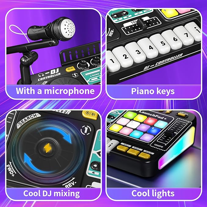 Kids DJ Mixer Board Controller Toy Set with Turntable, Piano Keys, Microphone & Bluetooth - Musical Instrument Toy for Toddlers, Babies & 3-8 Year Old Boys & Girls - Birthday (Black)