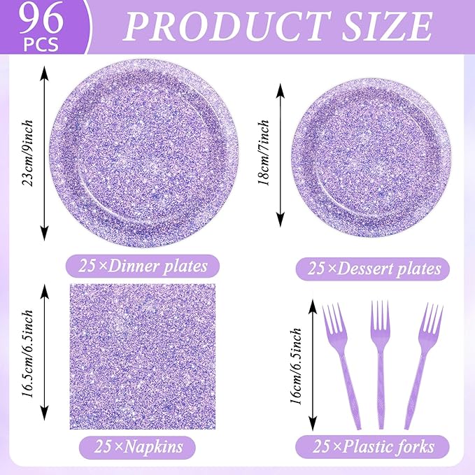 96PCS Purple Glitter Paper Plates and Napkins K-pop Purple Tableware Party Paper Plates Glitter Birthday Disposable Dinnerware Parties Set for Girl Women Sprinkle Wedding Anniversary Party Decorations