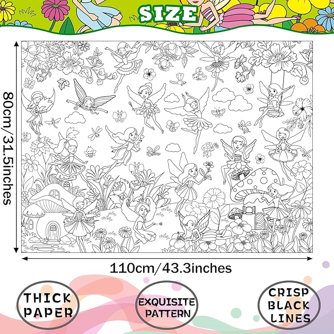 Fairy Garden Coloring Poster for Kids Giant Spring Coloring Poster Large Fairy Party Flower Coloring Tablecloth Jumbo Coloring Books for Kids Classroom Home Birthday Party Supplies Favor