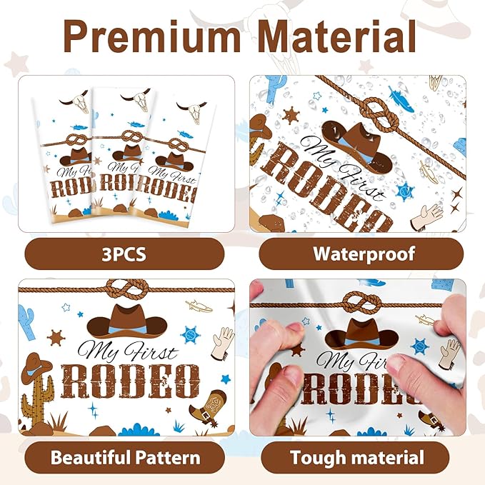 gisgfim 3 Pcs My First Rodeo Birthday Party Supplies Western 1st Rodeo Party Tablecloths Blue Cowboy Table Cover Decorations for Boy Baby Shower
