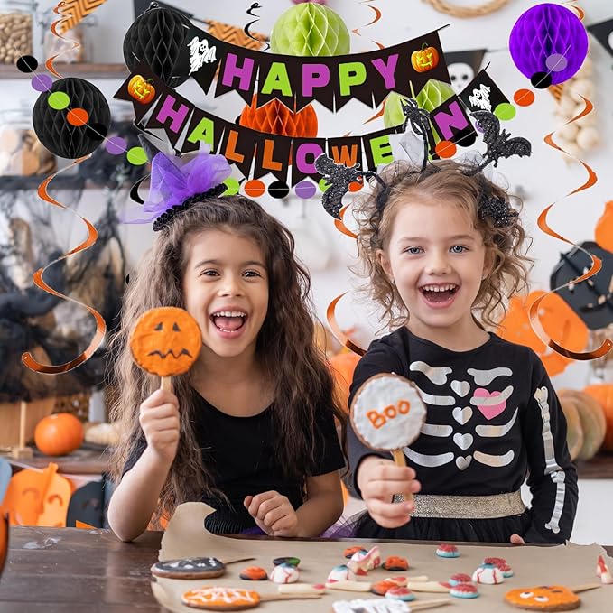 Halloween Party Decorations, Happy Halloween Banner with Honeycomb Balls Paper Circle Garland Triangle Bunting Flag Swirl Streamers for Party Supplies