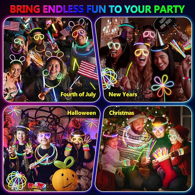 BUDI 467Pcs Glow Sticks Party Favors for Kids Adults Glow in the Dark Party Supplies 4th of July Accessories Neon Decors 200 GlowSticks Bulk 8 Colors 8 Inch & 267 Connectors Necklace Bracelet Glasses
