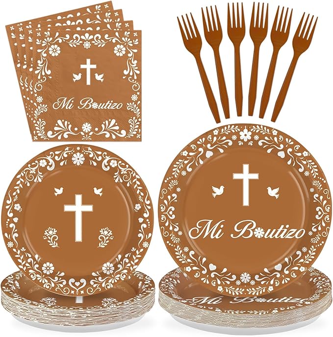 96 Pcs Mexican Baptism Decorations Disposable Brown Mexican Paper Plates and Napkins Lindo Tableware Set for Boy Christening First Holy Communion Baptism Baby Shower Party Supplies