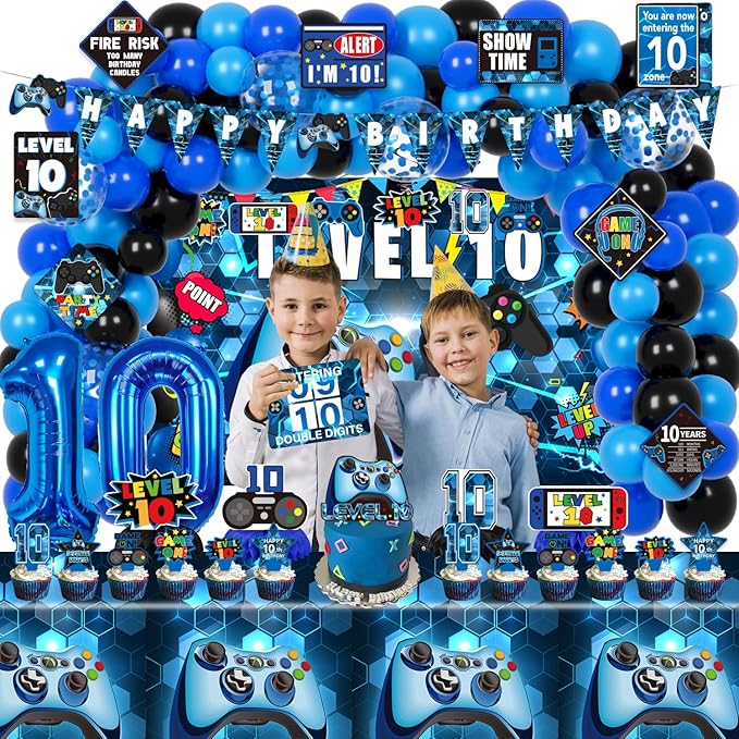 10th Birthday Decorations for Boys, 149Pcs Blue Video Game level 10 Party Supplies for Boy 10th Birthday - Backdrop, Banner, Balloons, Tablecloth, Centerpieces, Hanging Swirls, Wall Signs