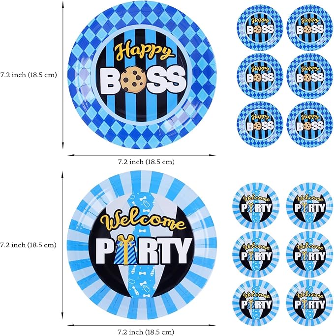 Serving 12 Guests Boss Birthday Party Supplies Serving - 7in Paper Plate Trays and 4.9in Tissue Napkins, for Boy Black Blue Bday Baby Shower Decorations