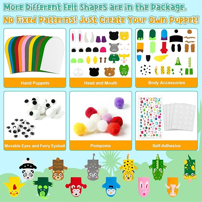WATINC 12Pcs Hand Puppet Making Kit, Art Craft Felt Sock Puppet Toys, Creative DIY Make Your Own Pompoms Wiggle Googly Eyes Storytelling Role Play Party Supplies Gift for Girls Boys (Animals Wild A)